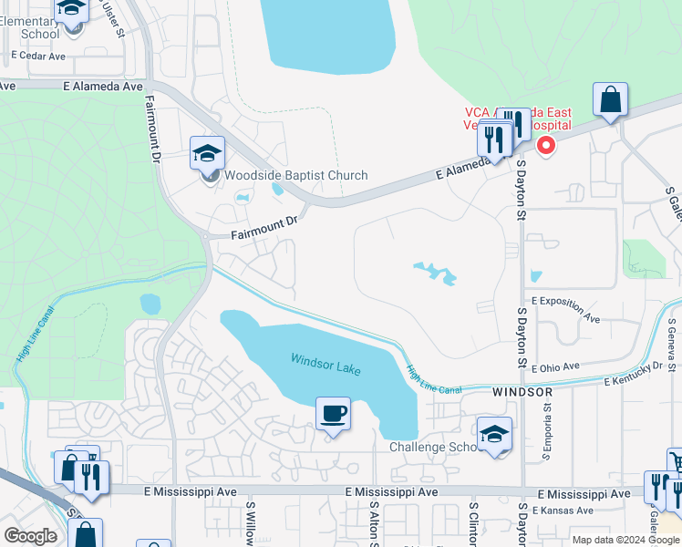 map of restaurants, bars, coffee shops, grocery stores, and more near 9660 East Alameda Avenue in Denver