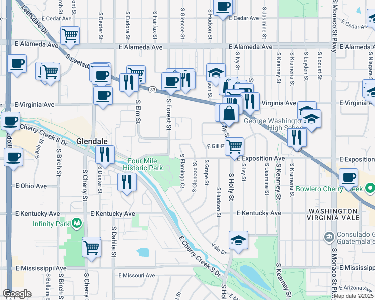 map of restaurants, bars, coffee shops, grocery stores, and more near 540 South Forest Street in Denver