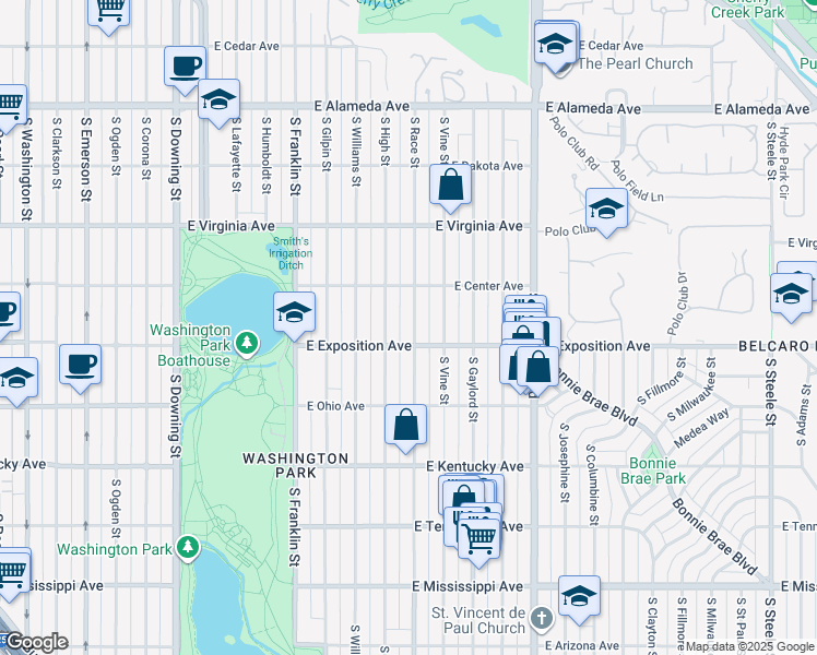 map of restaurants, bars, coffee shops, grocery stores, and more near 634 South Race Street in Denver