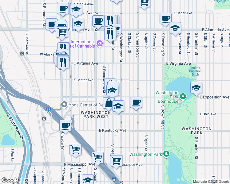 map of restaurants, bars, coffee shops, grocery stores, and more near 641 South Pearl Street in Denver
