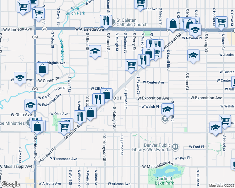 map of restaurants, bars, coffee shops, grocery stores, and more near 4171 Morrison Road in Denver