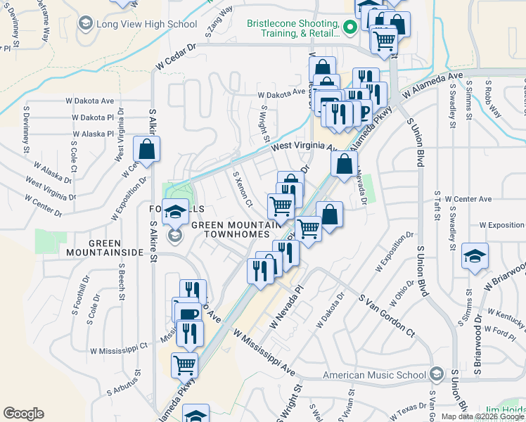 map of restaurants, bars, coffee shops, grocery stores, and more near 622 South Xenon Court in Lakewood