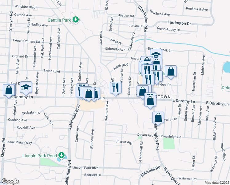 map of restaurants, bars, coffee shops, grocery stores, and more near 2900 Gaylord Avenue in Dayton