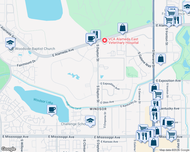 map of restaurants, bars, coffee shops, grocery stores, and more near 9340 East Center Avenue in Denver