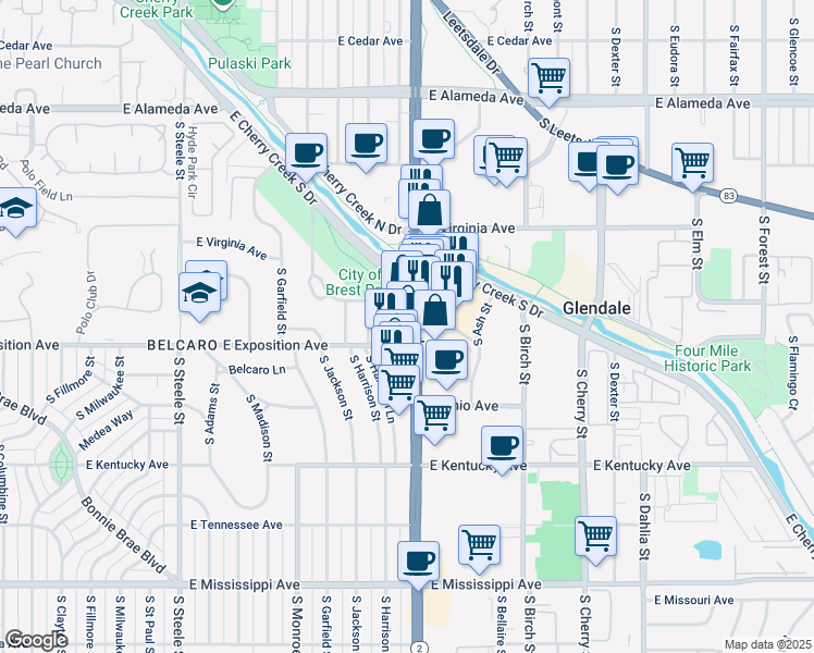 map of restaurants, bars, coffee shops, grocery stores, and more near 3955 East Exposition Avenue in Denver