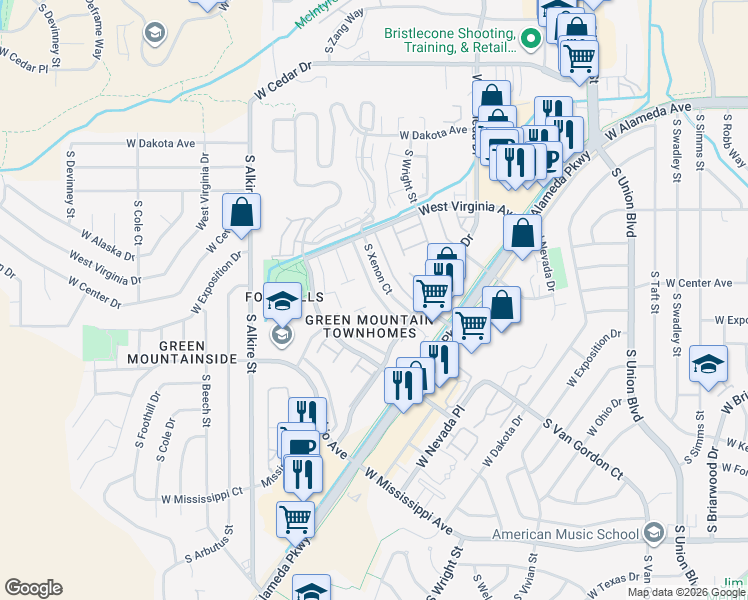 map of restaurants, bars, coffee shops, grocery stores, and more near 625 South Xenon Court in Lakewood