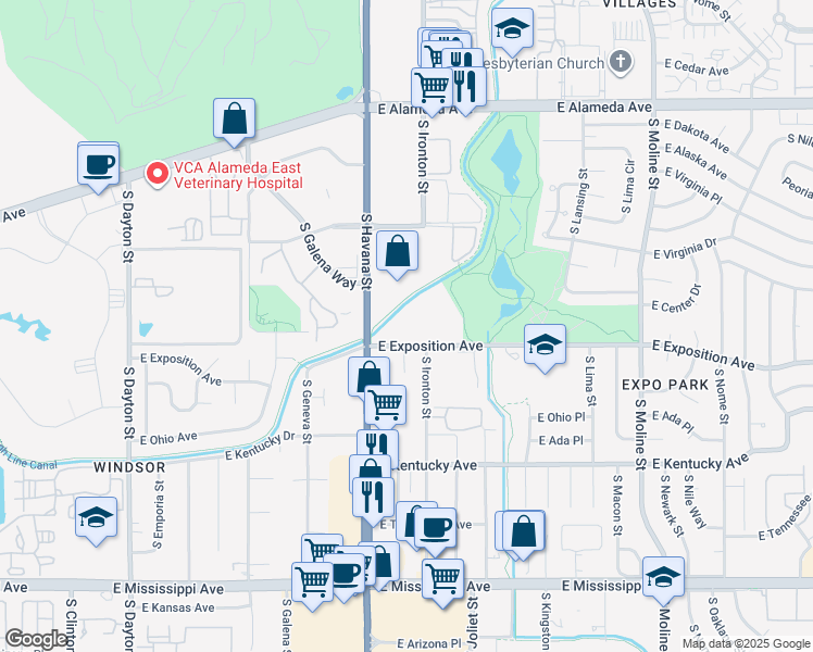map of restaurants, bars, coffee shops, grocery stores, and more near 658 South Havana Street in Aurora