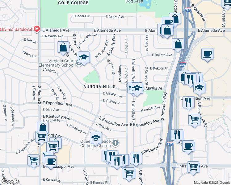 map of restaurants, bars, coffee shops, grocery stores, and more near 13131 East Alaska Place in Aurora