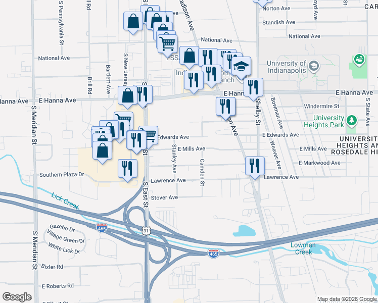 map of restaurants, bars, coffee shops, grocery stores, and more near 836 East Mills Avenue in Indianapolis