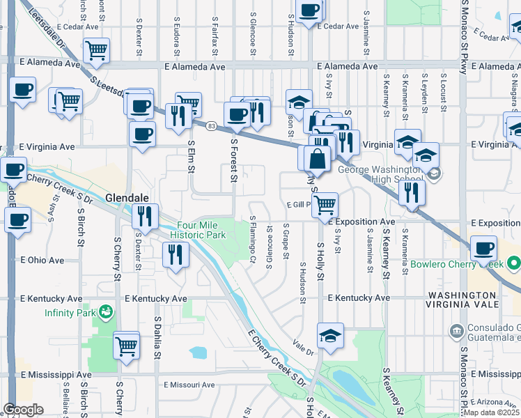 map of restaurants, bars, coffee shops, grocery stores, and more near 540 South Forest Street in Denver