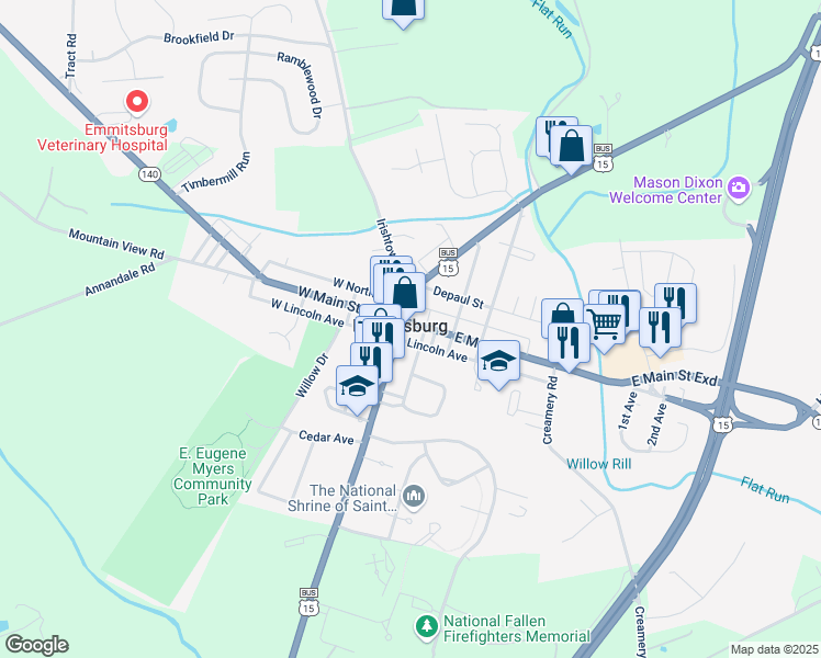 map of restaurants, bars, coffee shops, grocery stores, and more near 8 East Main Street in Emmitsburg
