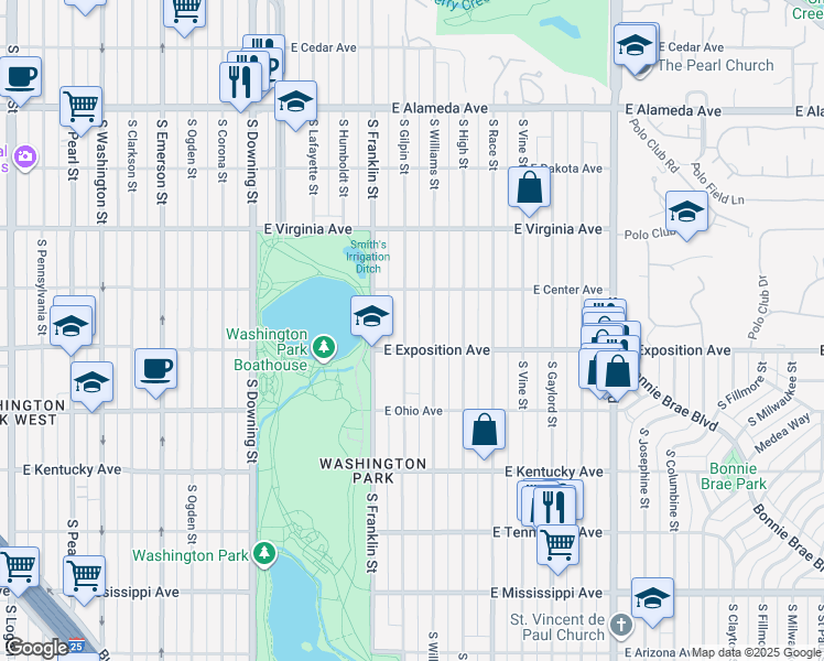map of restaurants, bars, coffee shops, grocery stores, and more near 630 South Gilpin Street in Denver