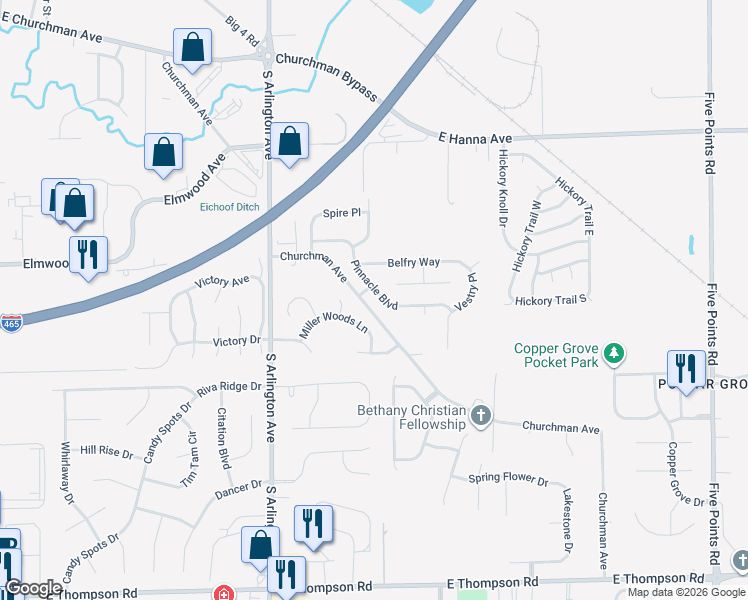 map of restaurants, bars, coffee shops, grocery stores, and more near 6209 Pinnacle Boulevard in Indianapolis