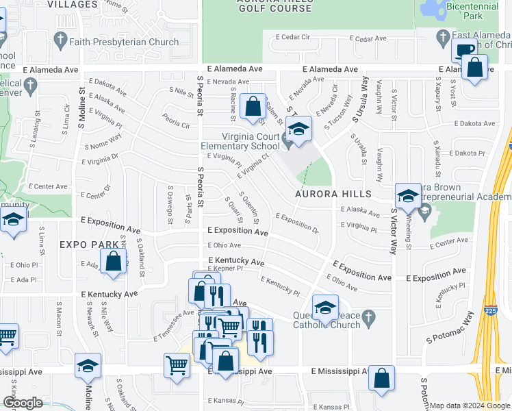 map of restaurants, bars, coffee shops, grocery stores, and more near 648 South Quentin Street in Aurora