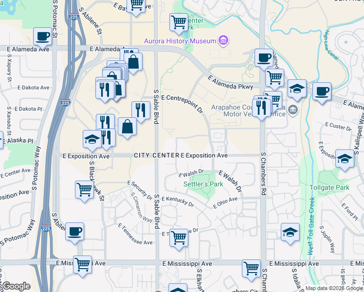 map of restaurants, bars, coffee shops, grocery stores, and more near 14701 E Exposition Ave in Aurora