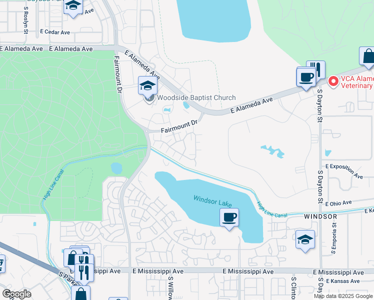map of restaurants, bars, coffee shops, grocery stores, and more near 8300 Fairmount Drive in Denver