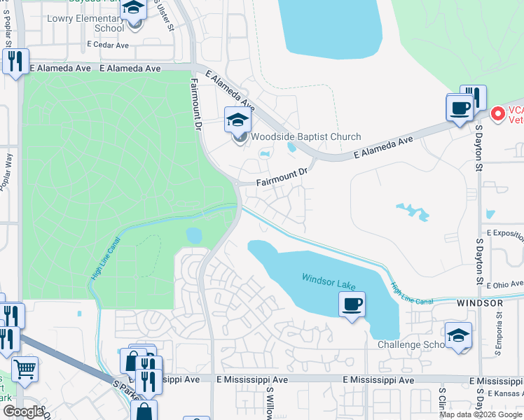 map of restaurants, bars, coffee shops, grocery stores, and more near 8300 Fairmount Drive in Denver