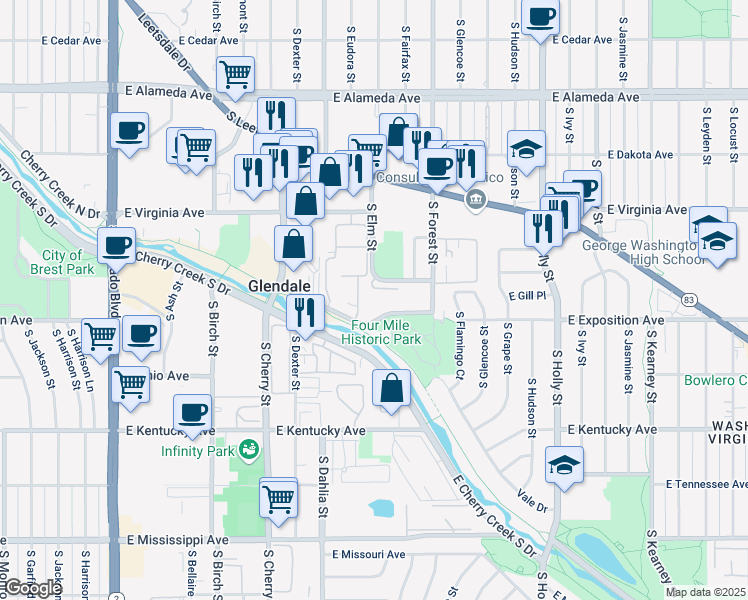 map of restaurants, bars, coffee shops, grocery stores, and more near 601 South Elm Street in Glendale