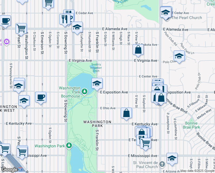 map of restaurants, bars, coffee shops, grocery stores, and more near 630 South Gilpin Street in Denver