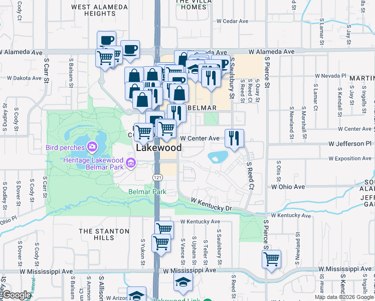 map of restaurants, bars, coffee shops, grocery stores, and more near 7377 West Center Avenue in Lakewood