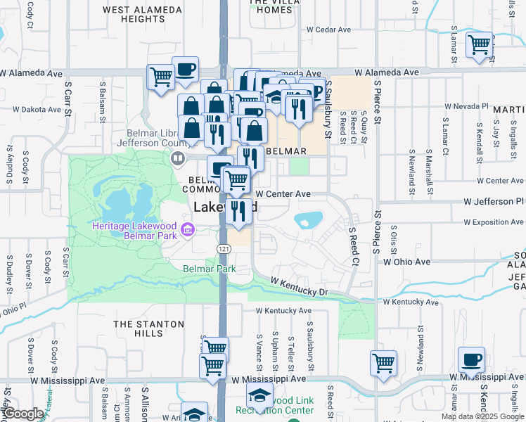 map of restaurants, bars, coffee shops, grocery stores, and more near 7377 West Center Avenue in Lakewood