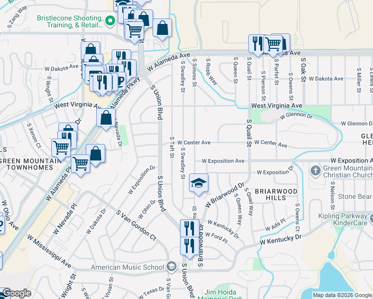 map of restaurants, bars, coffee shops, grocery stores, and more near 591 South Simms Street in Lakewood