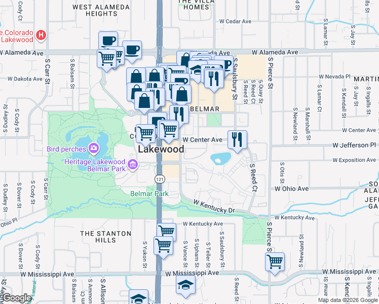 map of restaurants, bars, coffee shops, grocery stores, and more near 7377 West Center Avenue in Lakewood