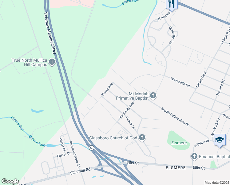 map of restaurants, bars, coffee shops, grocery stores, and more near 424 Honeymoon Road in Glassboro