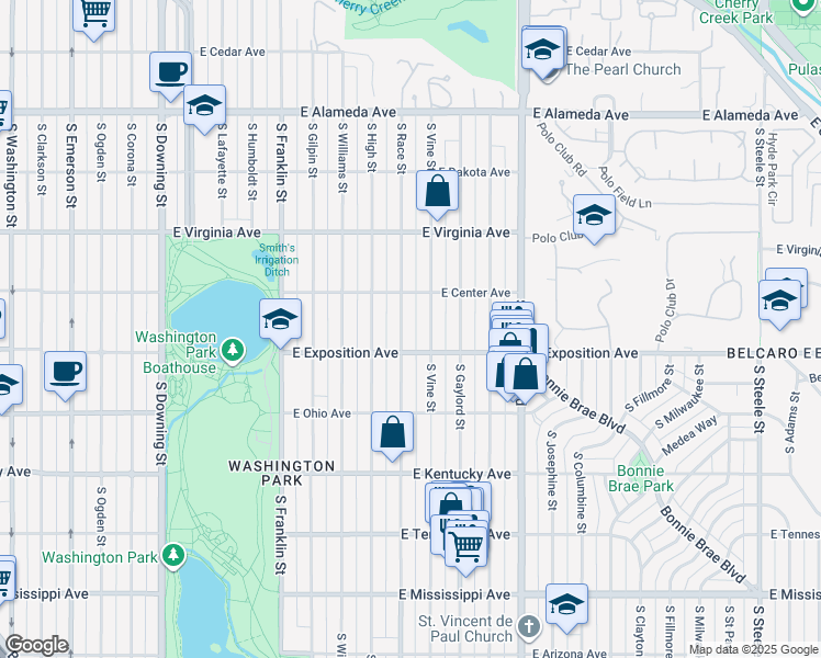 map of restaurants, bars, coffee shops, grocery stores, and more near 634 South Race Street in Denver