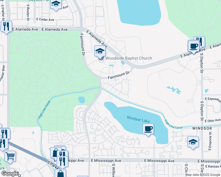 map of restaurants, bars, coffee shops, grocery stores, and more near 8300 Fairmount Drive in Denver