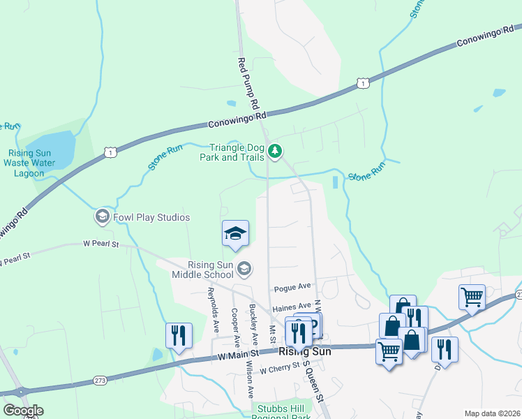 map of restaurants, bars, coffee shops, grocery stores, and more near 446 Mount Street in Rising Sun