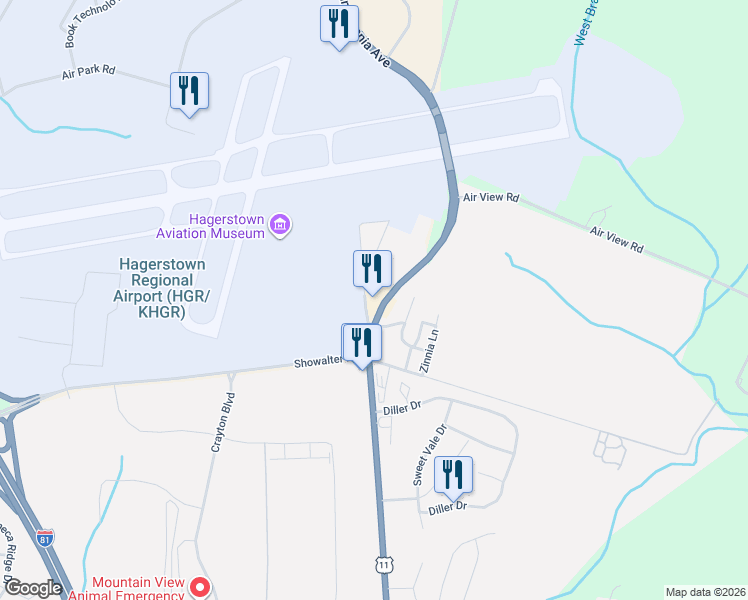 map of restaurants, bars, coffee shops, grocery stores, and more near 14224 Pennsylvania Avenue in Hagerstown