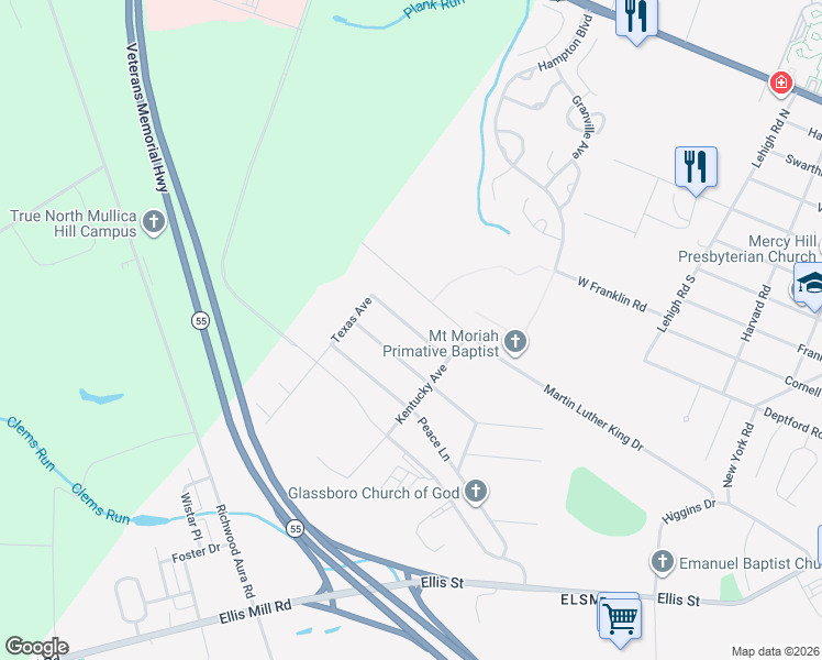 map of restaurants, bars, coffee shops, grocery stores, and more near 401 Honeymoon Road in Glassboro