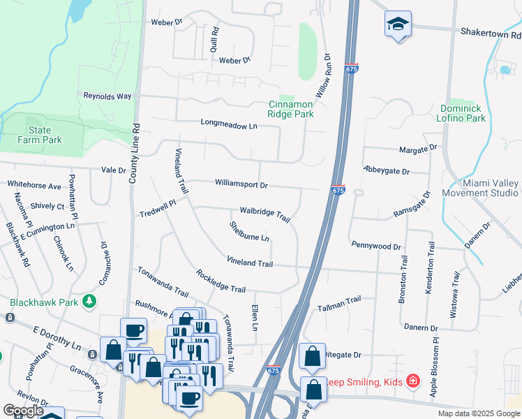 map of restaurants, bars, coffee shops, grocery stores, and more near 4409 Walbridge Trail in Beavercreek