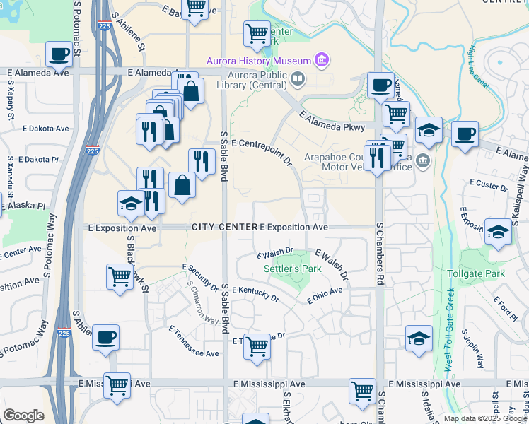 map of restaurants, bars, coffee shops, grocery stores, and more near 14701 East Exposition Avenue in Aurora