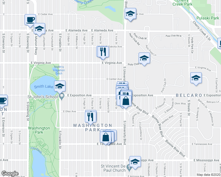 map of restaurants, bars, coffee shops, grocery stores, and more near 633 S York St in Denver