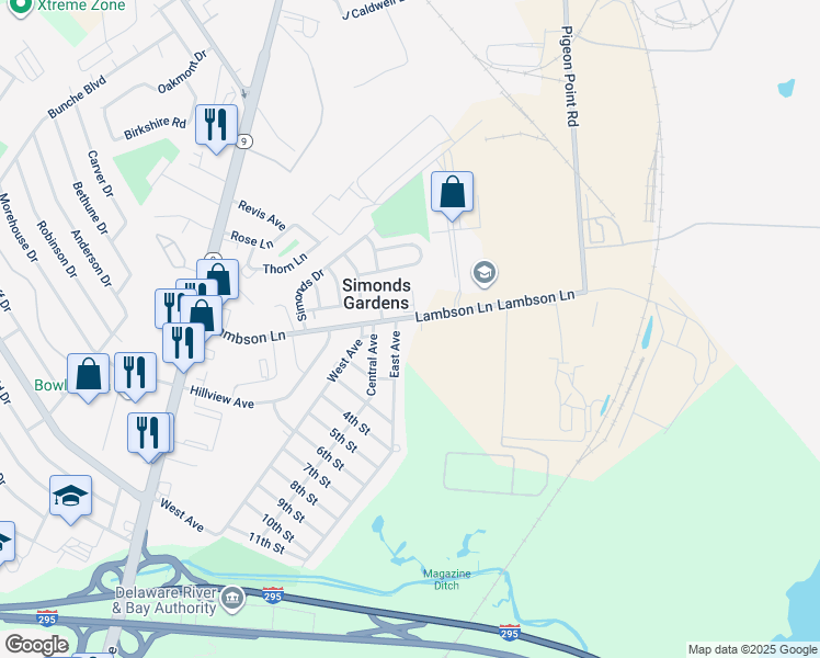 map of restaurants, bars, coffee shops, grocery stores, and more near 501 Lambson Lane in New Castle