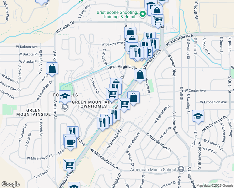 map of restaurants, bars, coffee shops, grocery stores, and more near 12515 West Alameda Drive in Lakewood