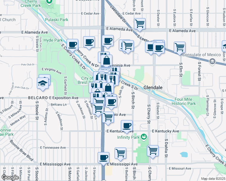 map of restaurants, bars, coffee shops, grocery stores, and more near 640 South Colorado Boulevard in Denver