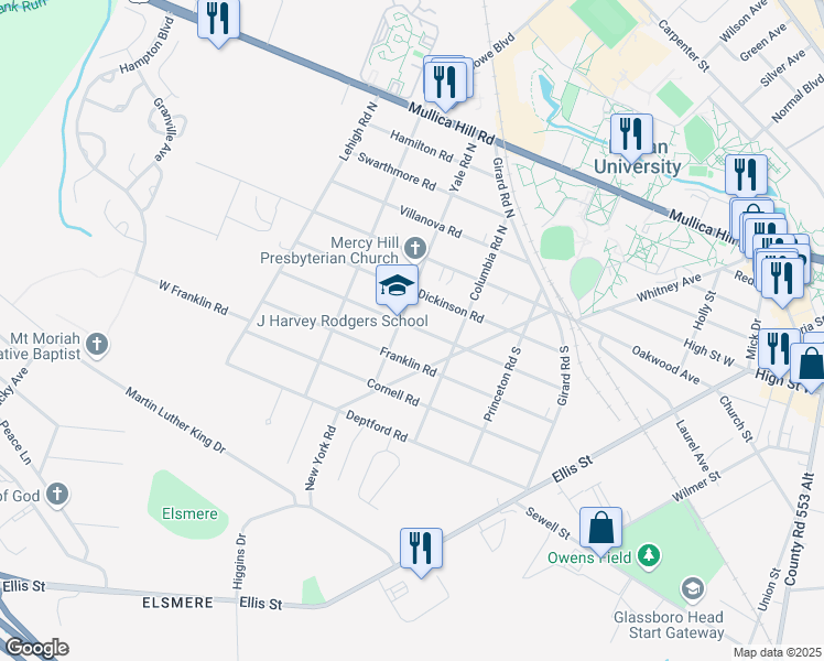 map of restaurants, bars, coffee shops, grocery stores, and more near 215 Georgetown Road in Glassboro