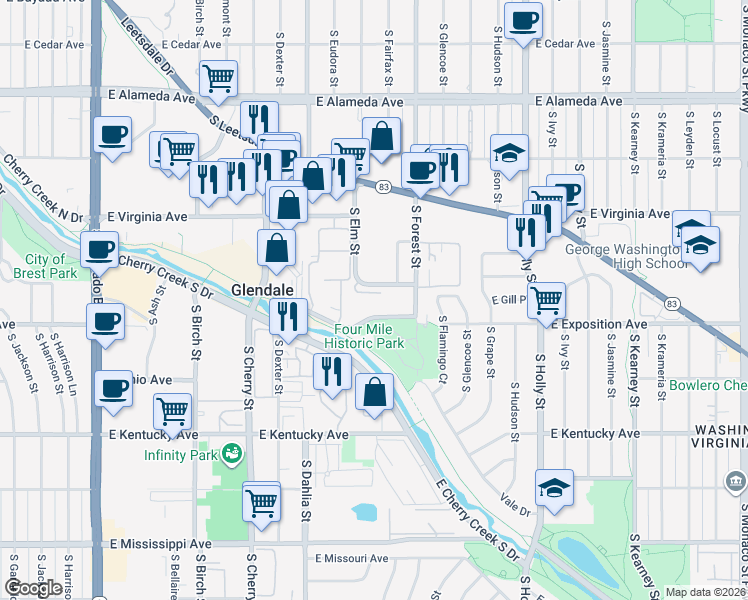 map of restaurants, bars, coffee shops, grocery stores, and more near 601 South Elm Street in Glendale