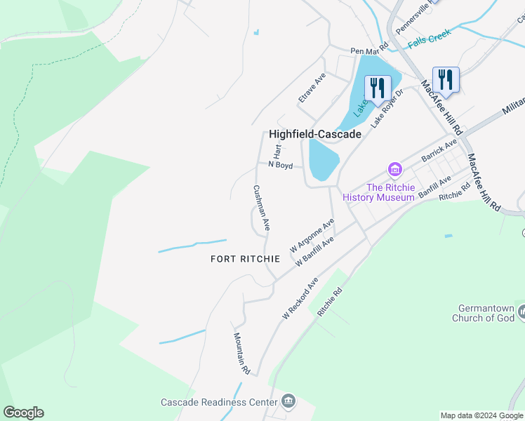 map of restaurants, bars, coffee shops, grocery stores, and more near Cushman Avenue in Highfield-Cascade