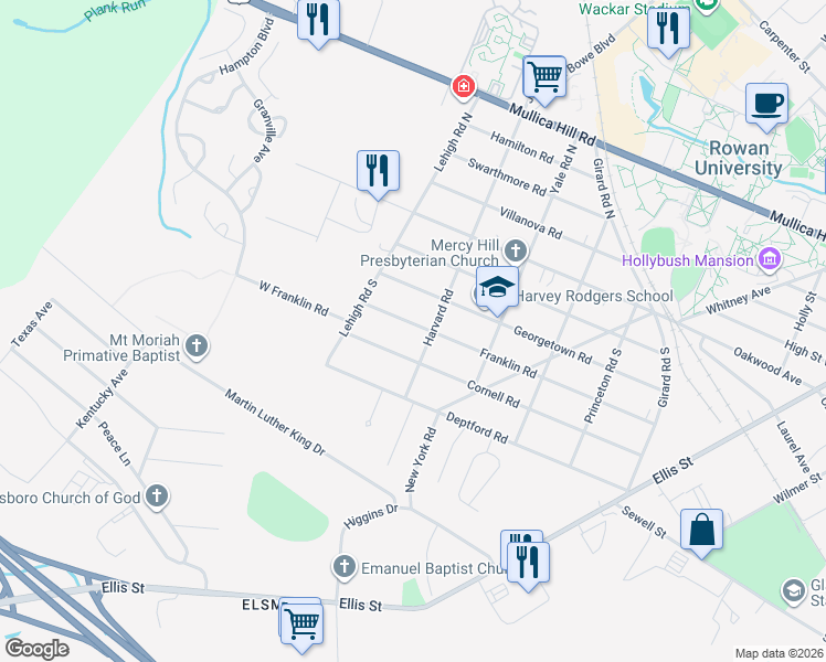 map of restaurants, bars, coffee shops, grocery stores, and more near 405 Franklin Road in Glassboro