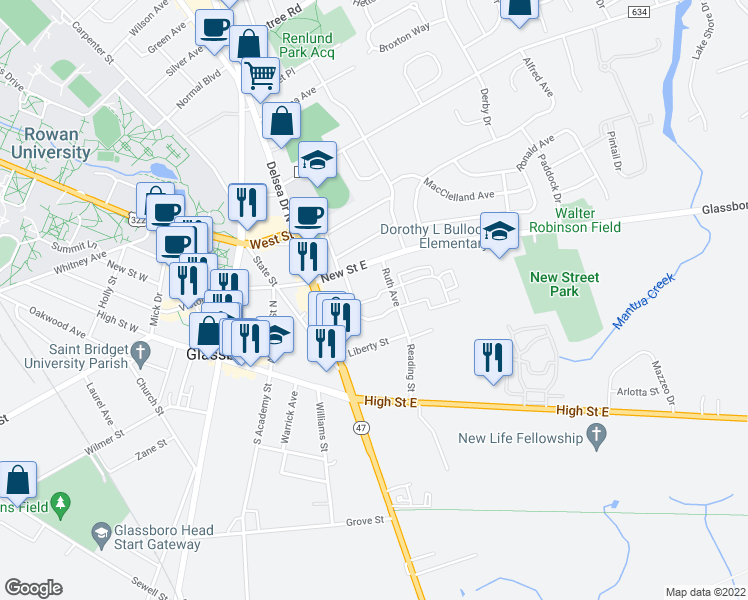 map of restaurants, bars, coffee shops, grocery stores, and more near Hollybush Gardens in Glassboro