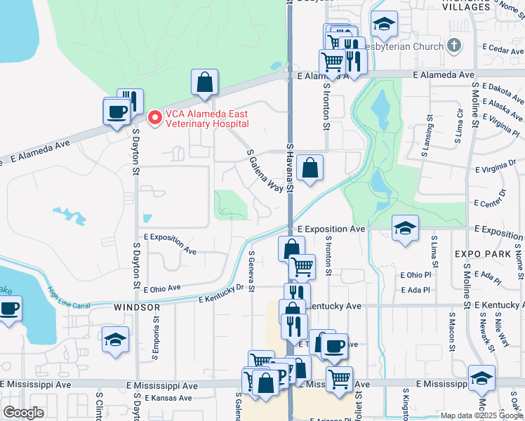 map of restaurants, bars, coffee shops, grocery stores, and more near 10150 East Virginia Avenue in Denver