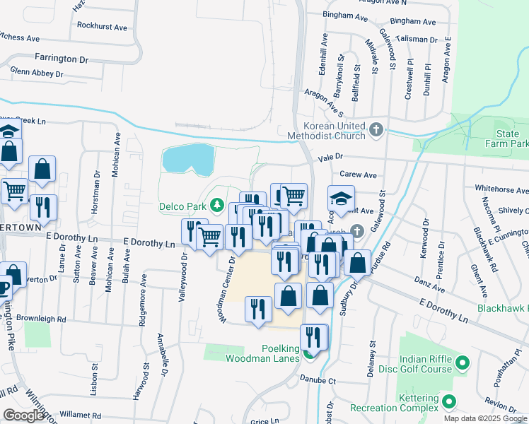 map of restaurants, bars, coffee shops, grocery stores, and more near 1775 Delco Park Drive in Dayton