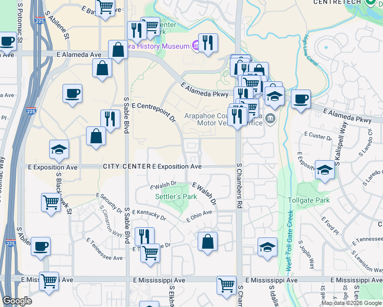 map of restaurants, bars, coffee shops, grocery stores, and more near in Aurora
