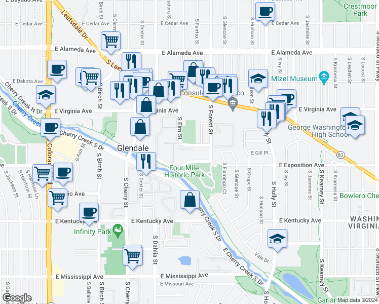 map of restaurants, bars, coffee shops, grocery stores, and more near 601 South Elm Street in Glendale