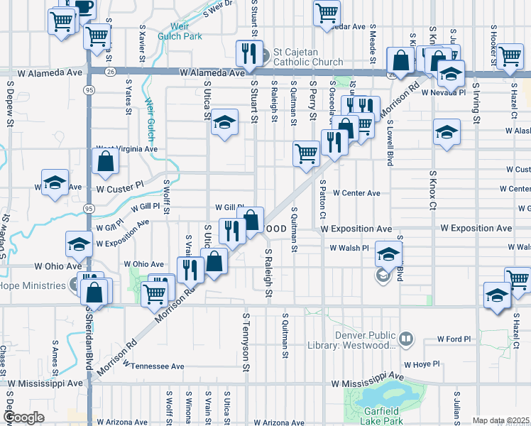 map of restaurants, bars, coffee shops, grocery stores, and more near 4171 Morrison Road in Denver