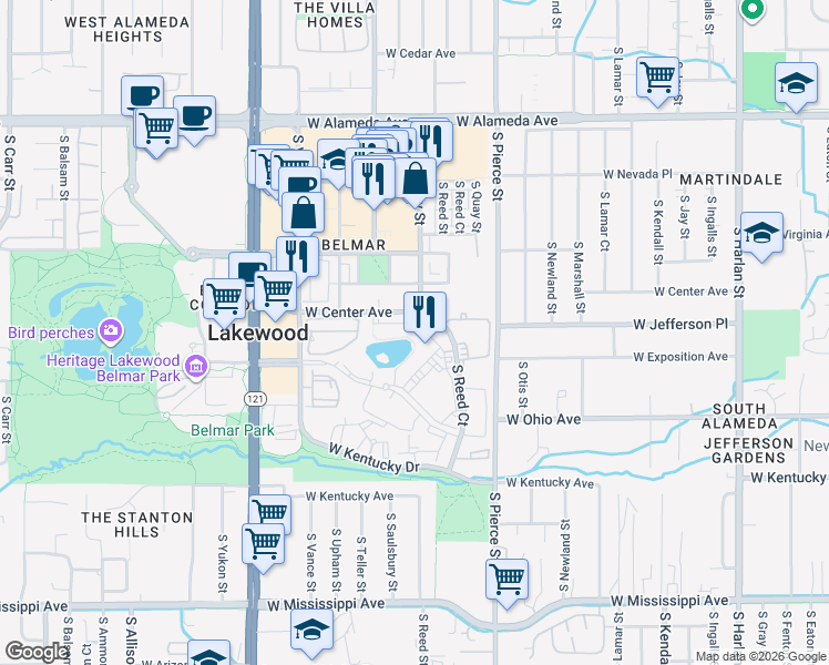 map of restaurants, bars, coffee shops, grocery stores, and more near 679 South Reed Court in Lakewood